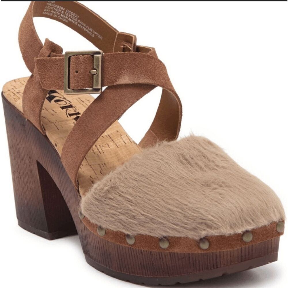 KORKS Women's Wendy Faux Fur Studded Clog Wooden Heels Taupe Rust Brown Sz 7M
